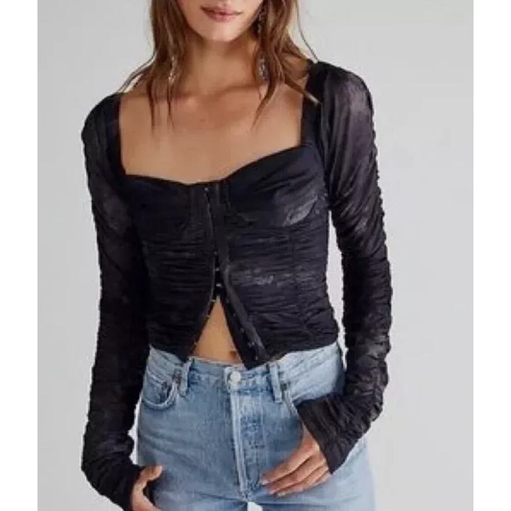 Free People NWT All Night Black Combo Sheer Long Sleeves Ruched Blouse Size XL